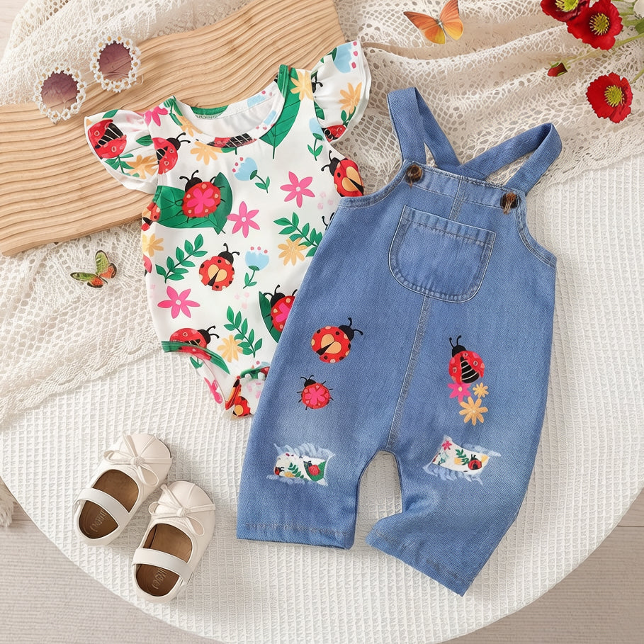 2PCS Cute Ladybug Floral Print Denim Baby Overalls Set