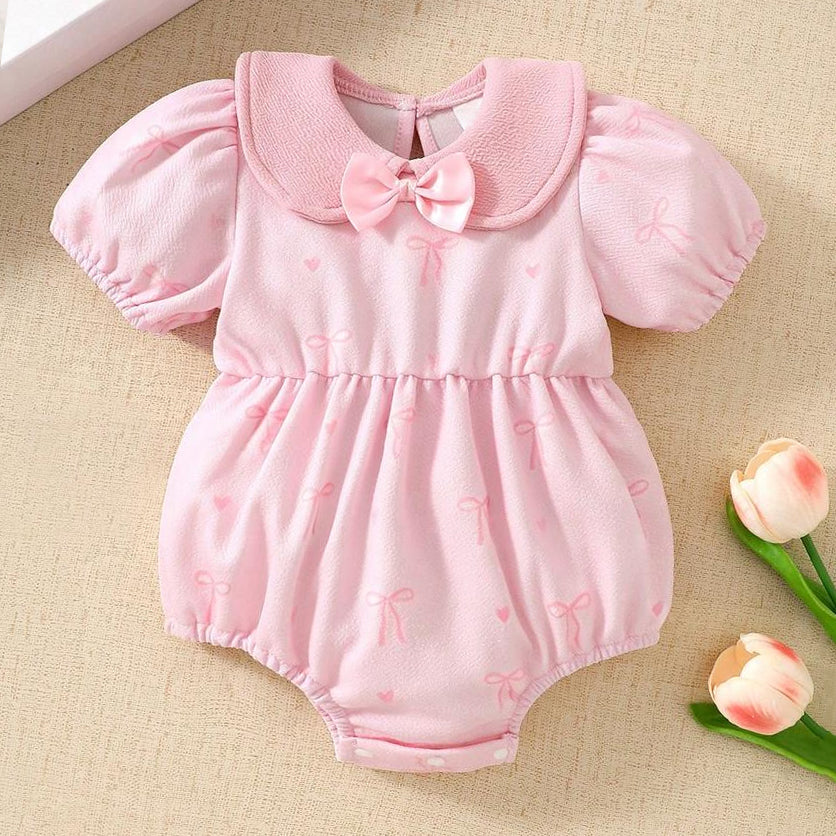 Sweet Bow Print Puff Sleeve Baby Romper
