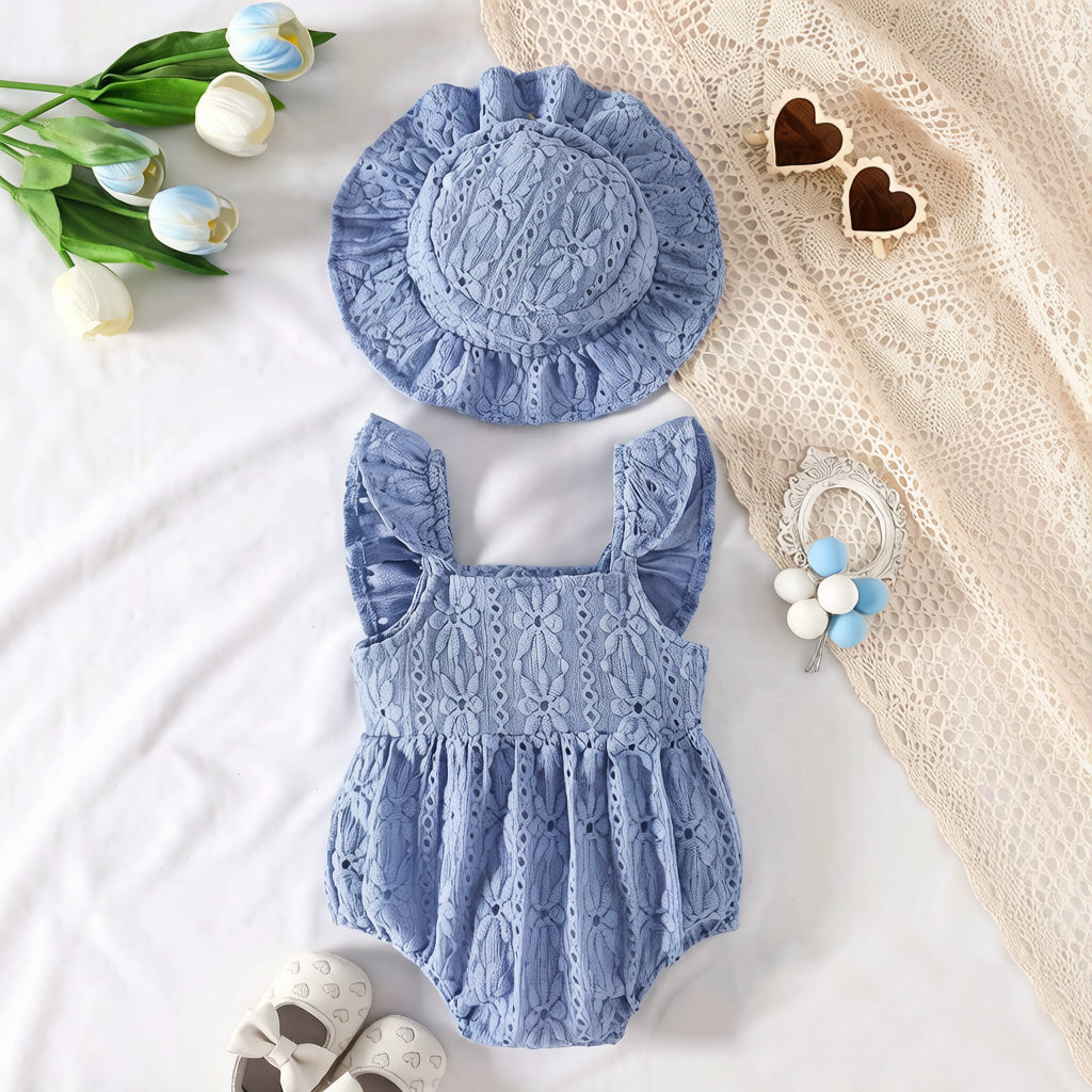 2PCS Solid Color Eyelet Embroidery Baby Romper With Hat