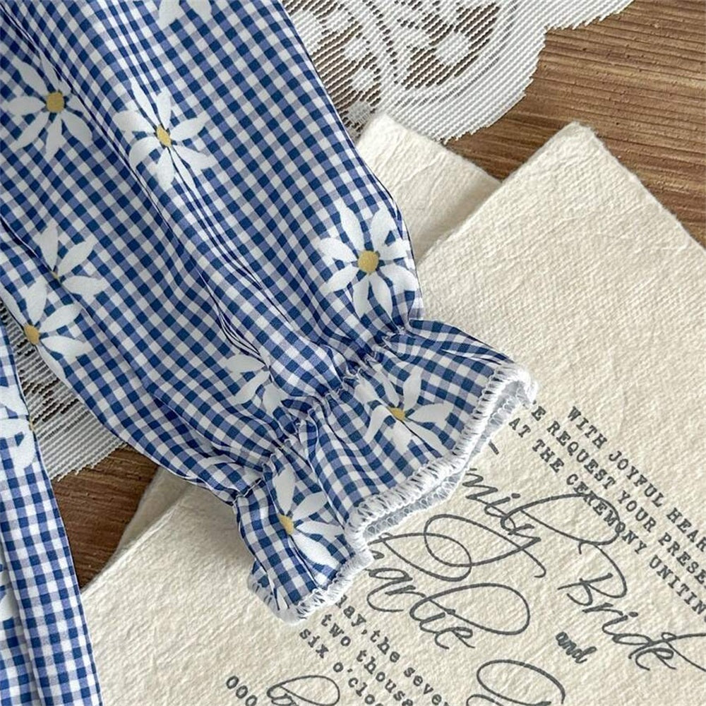2PCS Charming Floral Plaid Print Long Sleeve Baby Jumpsuit