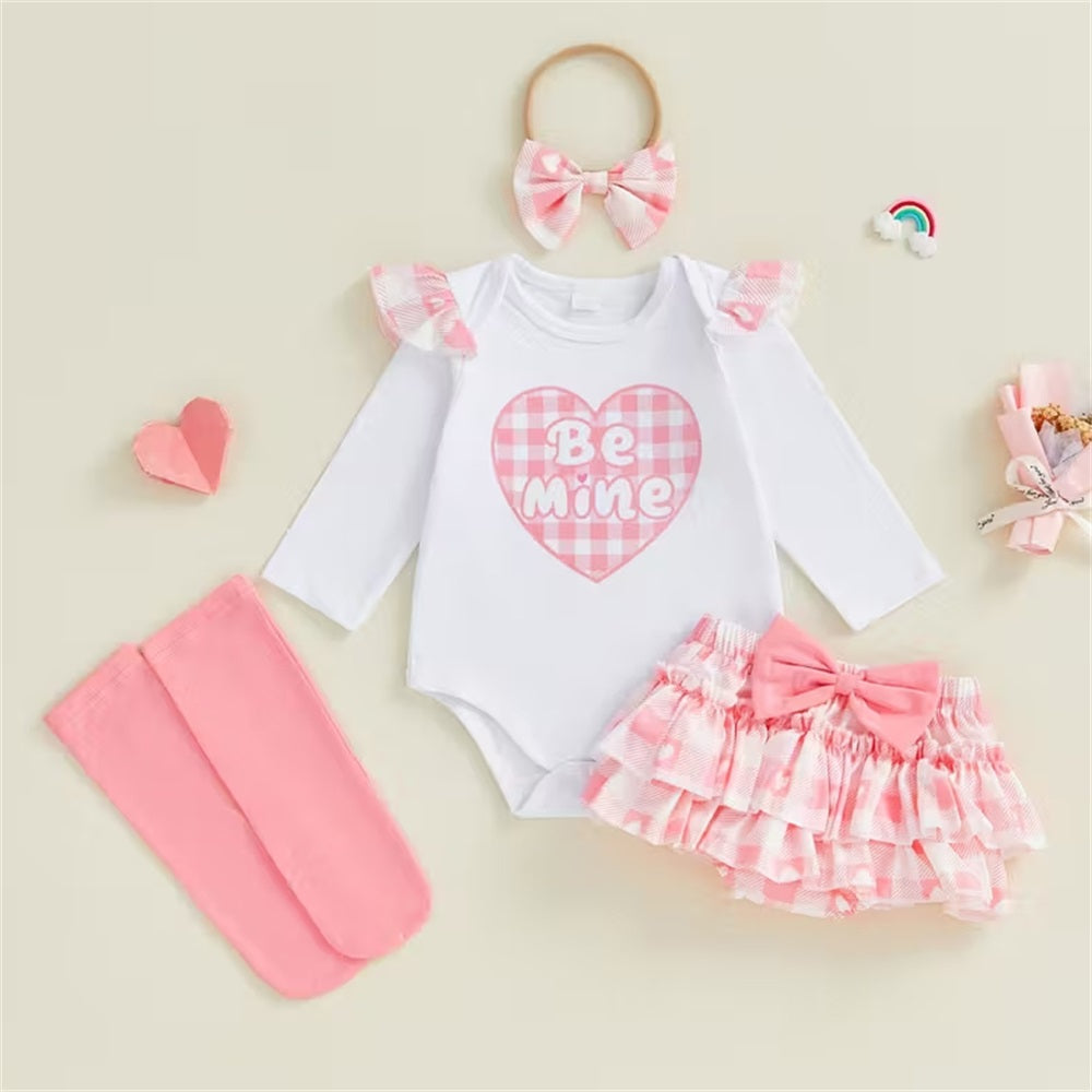 4PCS Be Mine Heart Print Plaid Long Sleeve Baby Set