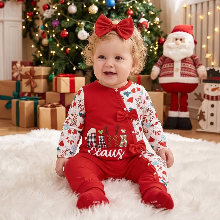 2PCS Lovely Mama Claus Letter Holiday Print Bow Baby Girl Jumpsuit
