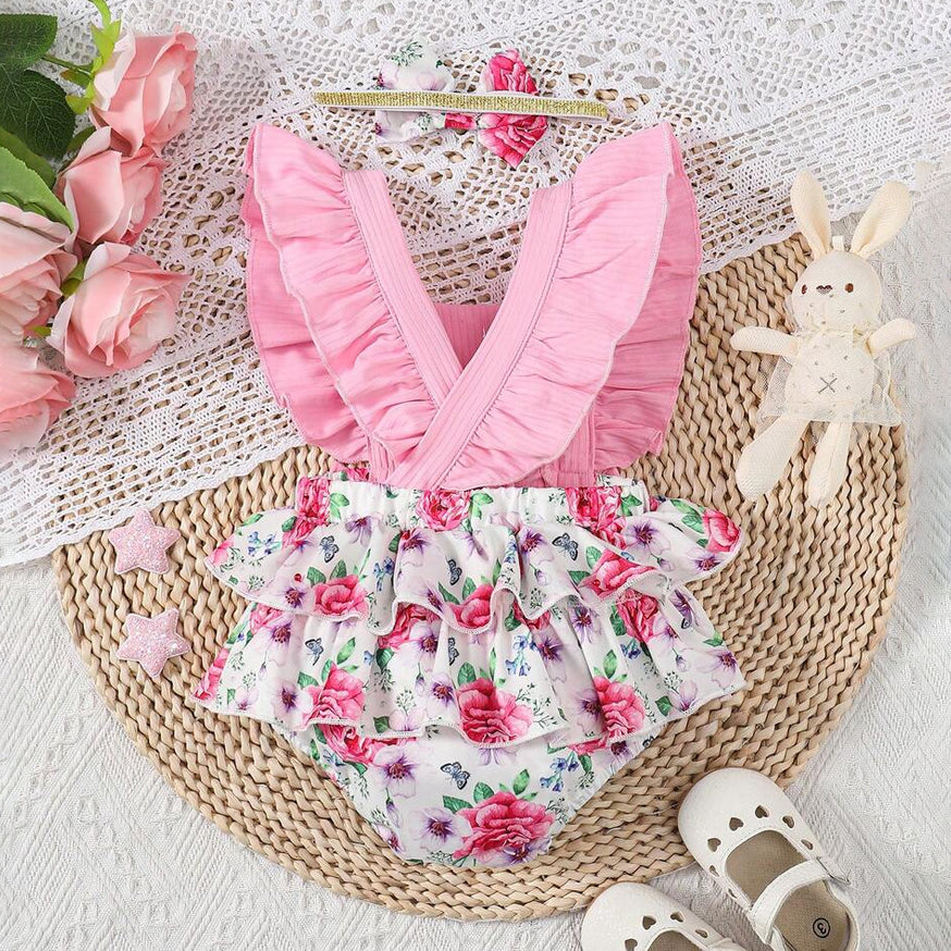 2PCS Playful Floral Print Bowknot Flutter Sleeve Baby Romper