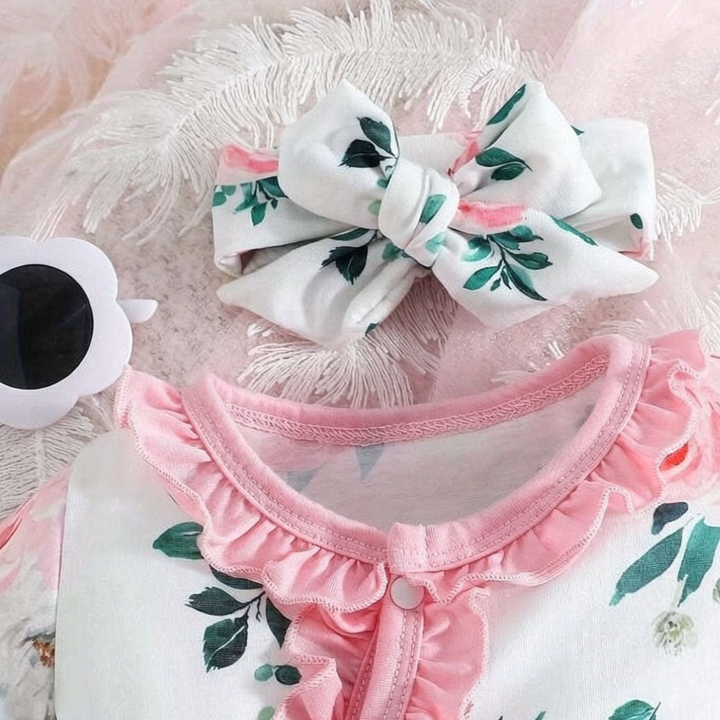 2PCS Bubbly Floral Print Short Sleeve Baby Girl Jumpsuit