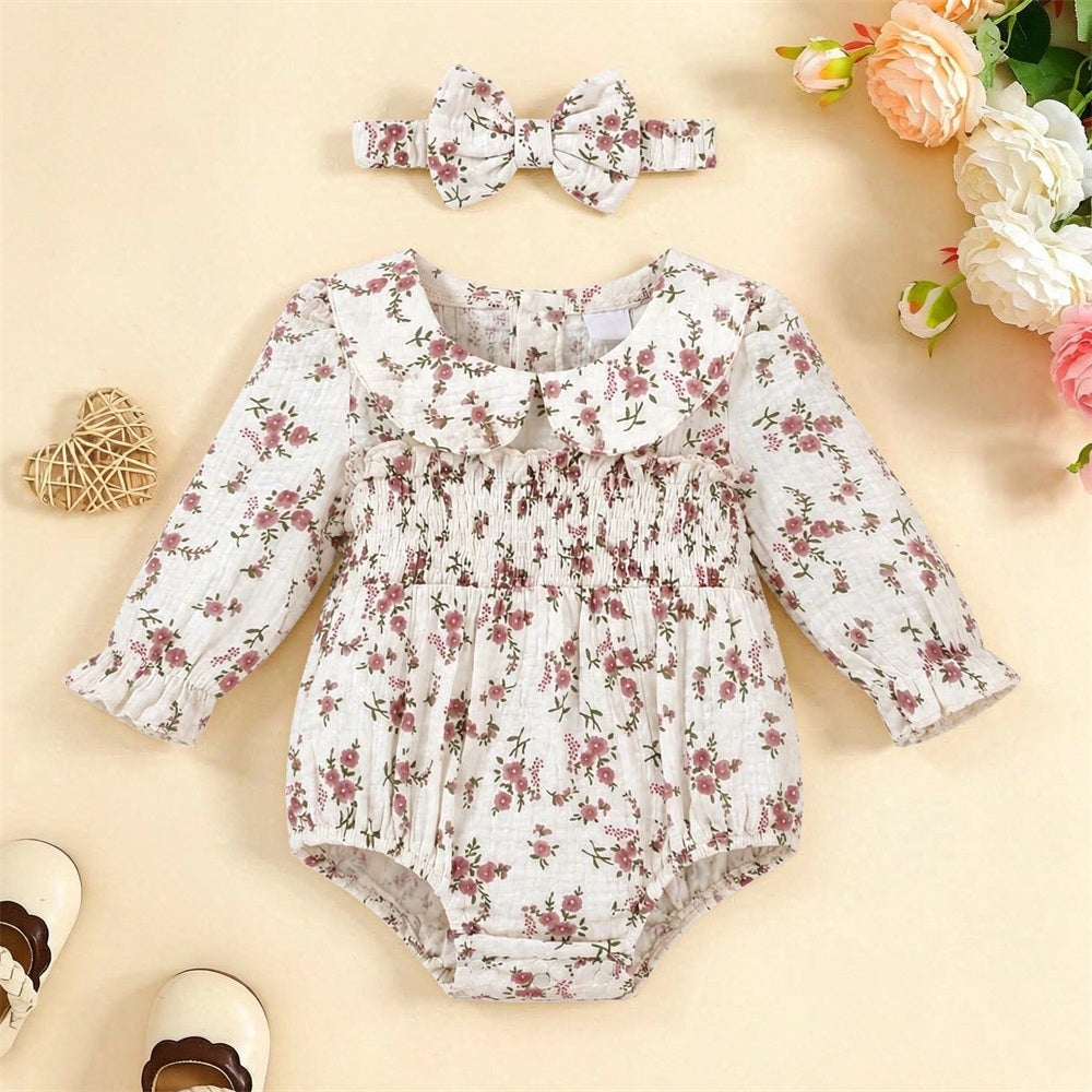 2PCS Quirky Floral Printed Long Sleeve Baby Girl Romper