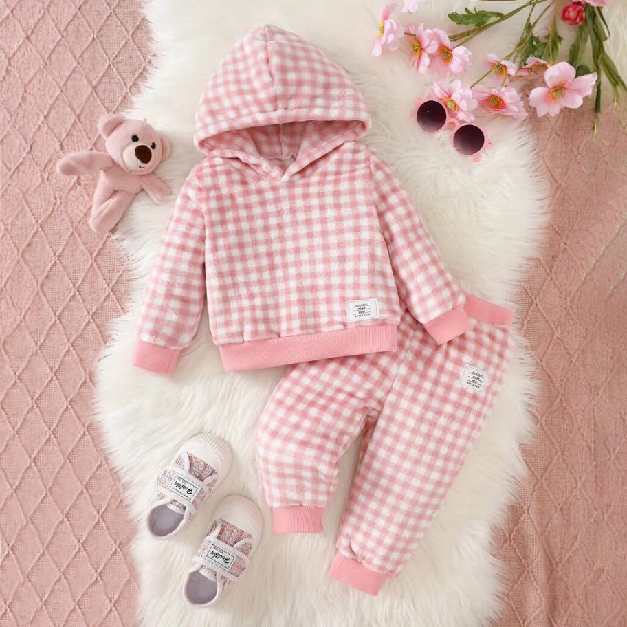 2PCS Fuzzy Plaid Printed Hooded Long Sleeve Baby Set