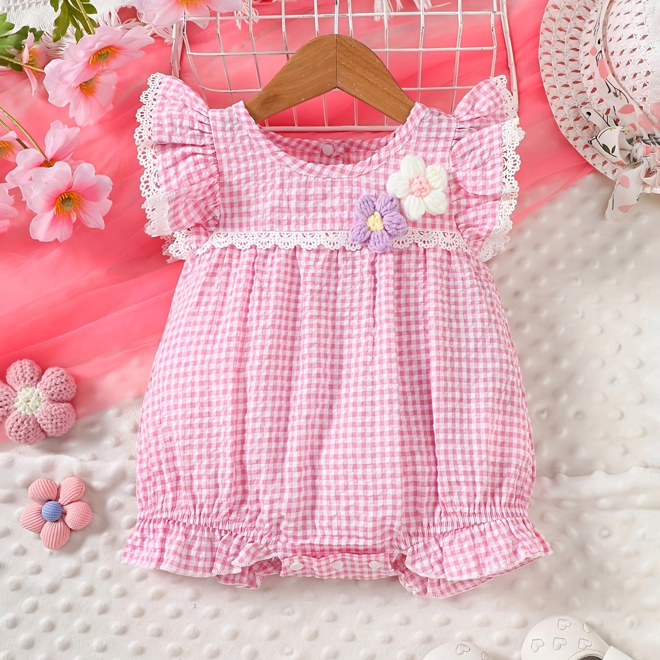 Sweet Plaid Print Sleeveless Floral Decor Baby Romper