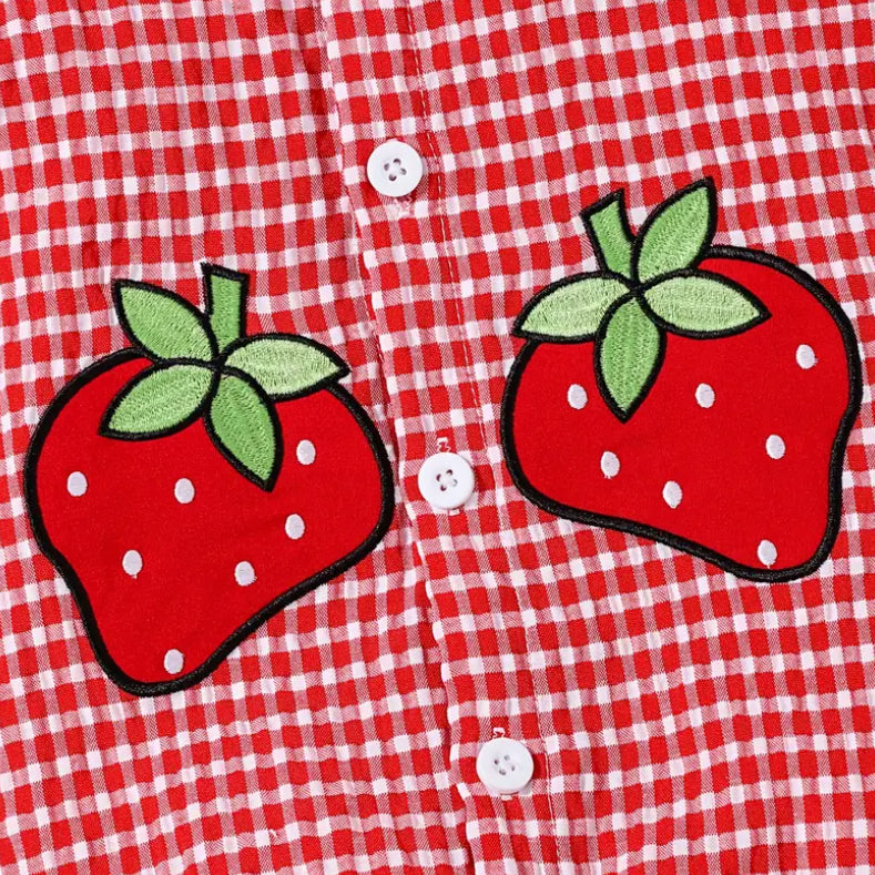 2PCS Sweet Strawberry Printed Plaid Short Sleeve Baby Jumpsuit