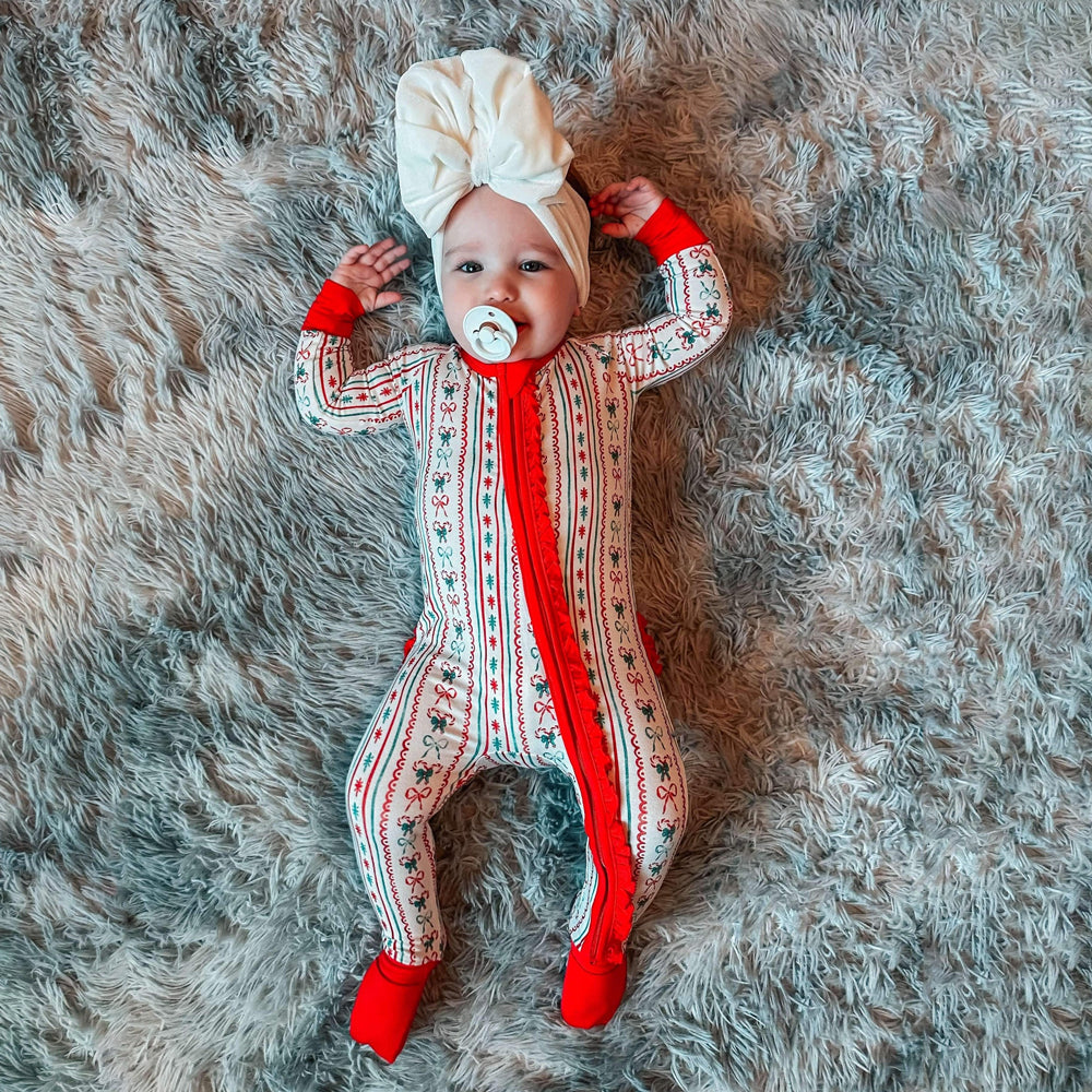 Christmas Tree Branches Bow Printed Ruffles Zipper Baby Jumpsuit