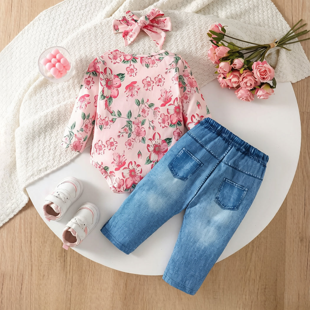 3PCS Elegant Floral Print Long Sleeve Baby Girl Set