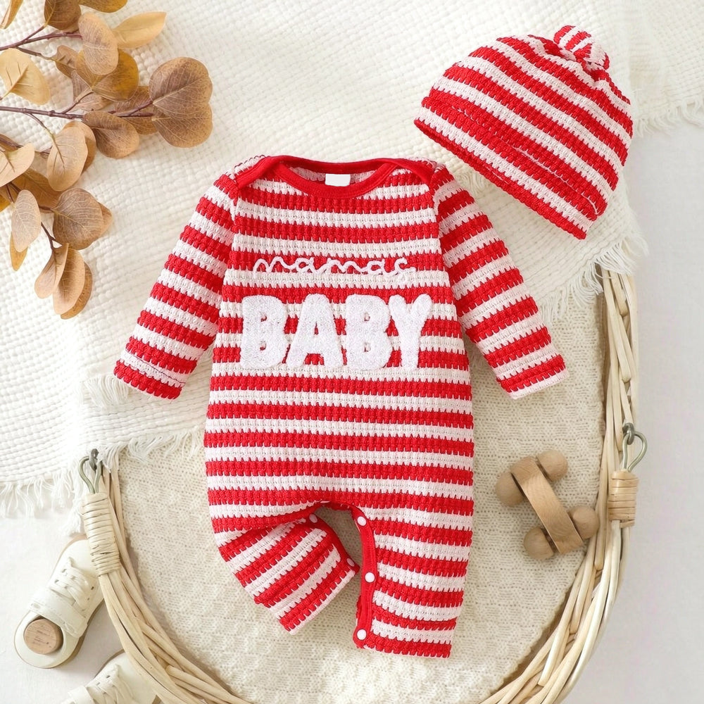2PCS Mama's Baby Letter Applique Striped Knit Baby Christmas Jumpsuit