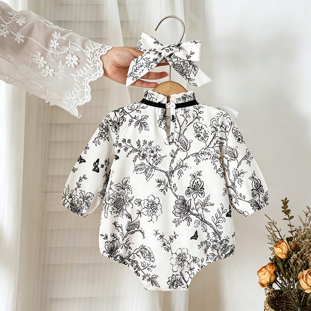 2PCS Vintage Floral Print Lace Eyelet Long Sleeve Baby Girl Romper