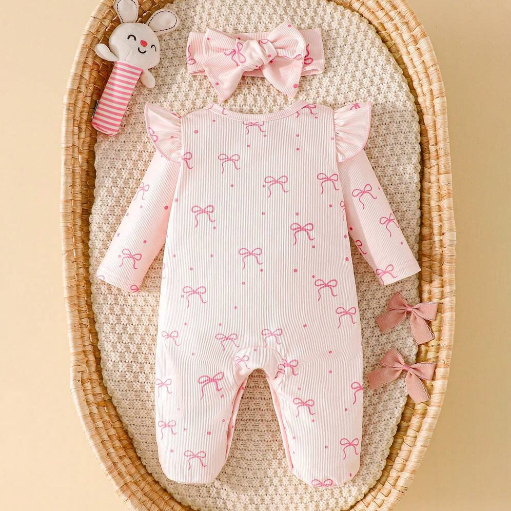 2PCS Dreamy Bow Printed Long Sleeve Baby Jumpsuit