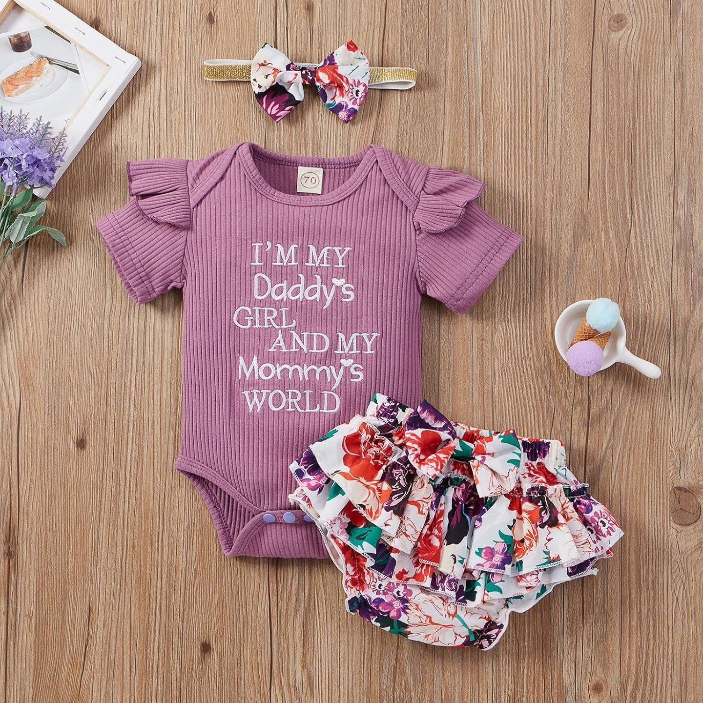 3PCS Gorgeous Daddy's Girl Mommy's World Letter Floral Print Baby Girl Set
