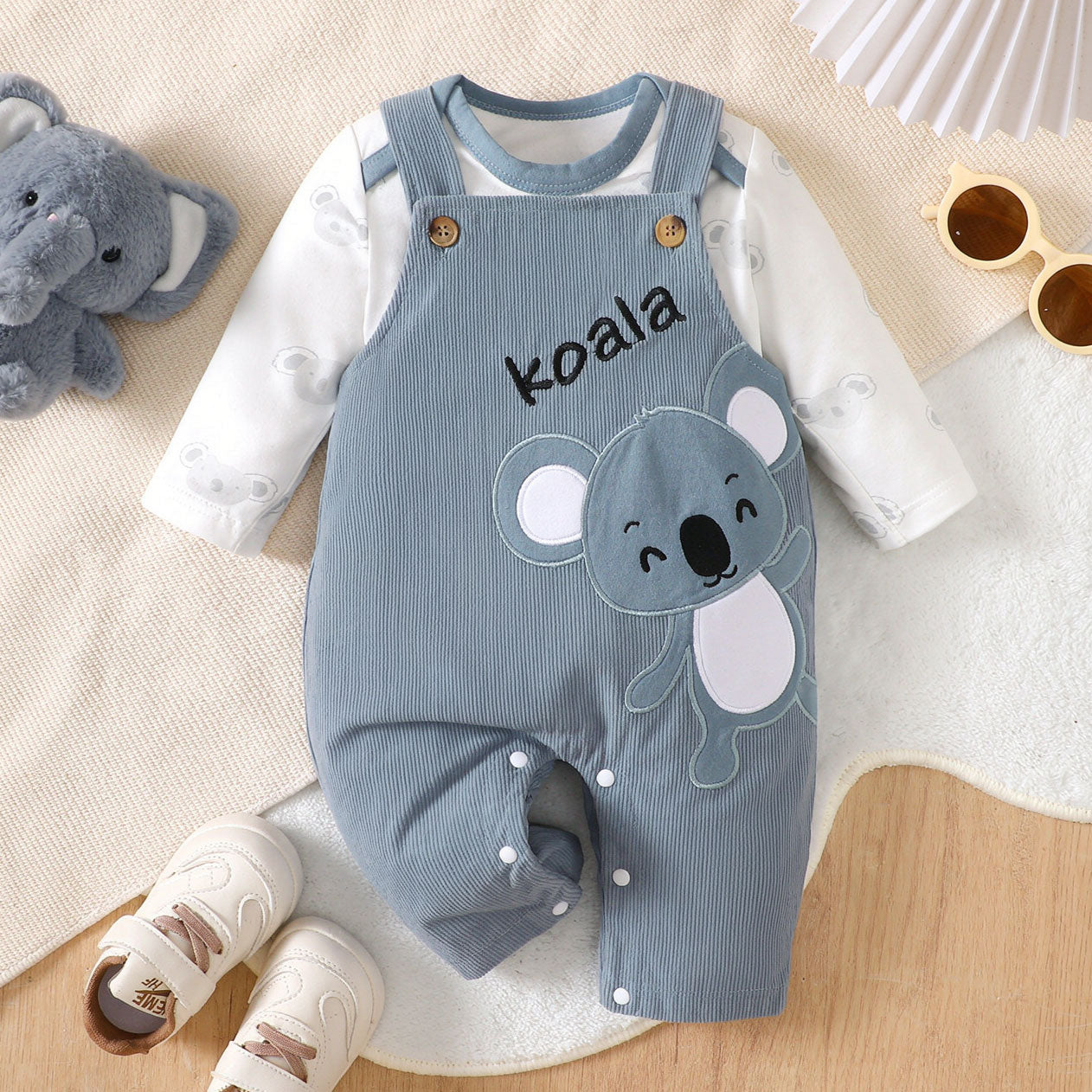 2PCS Lovely Koala Embroidery Long Sleeve Baby Overalls Set