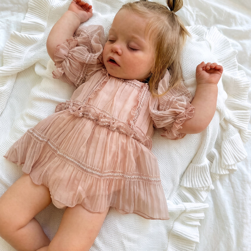 Grace Solid Color Mesh Puff Sleeve Baby Romper