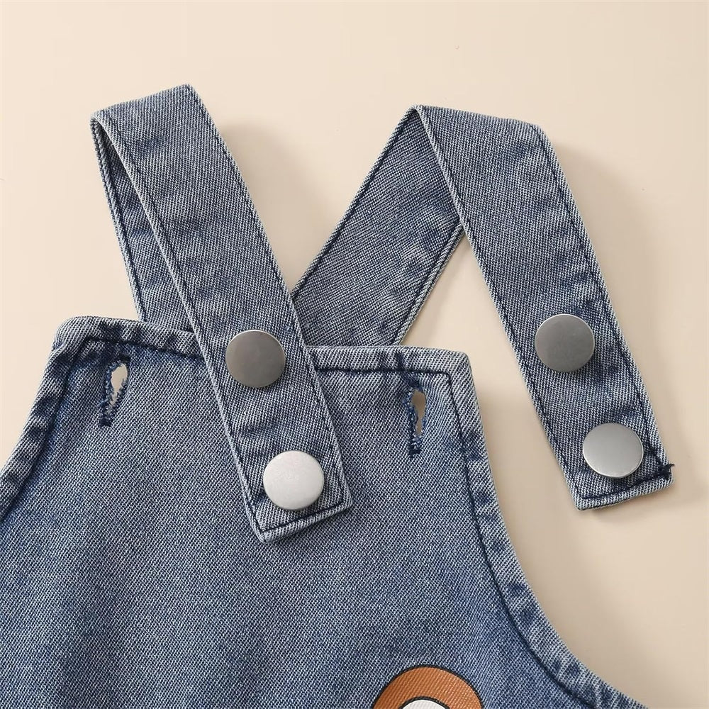2PCS Casual Bear Print Long Sleeve Denim Overalls Baby Set