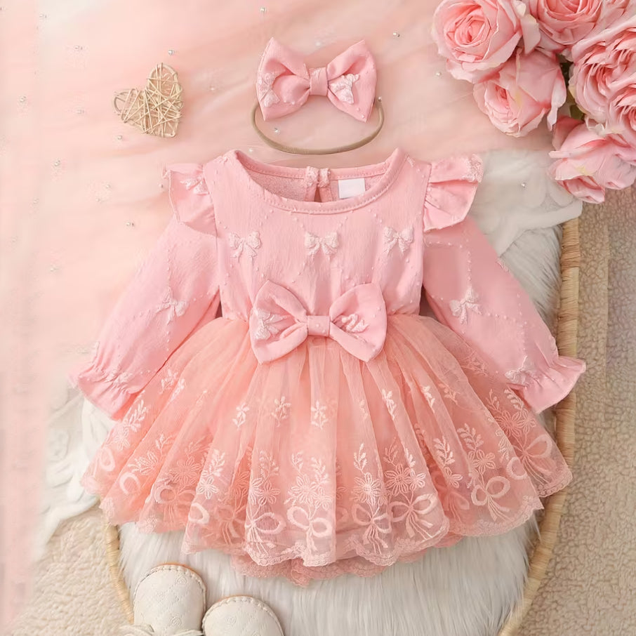 2PCS 3D Bow Print Long Sleeve Lace Baby Romper