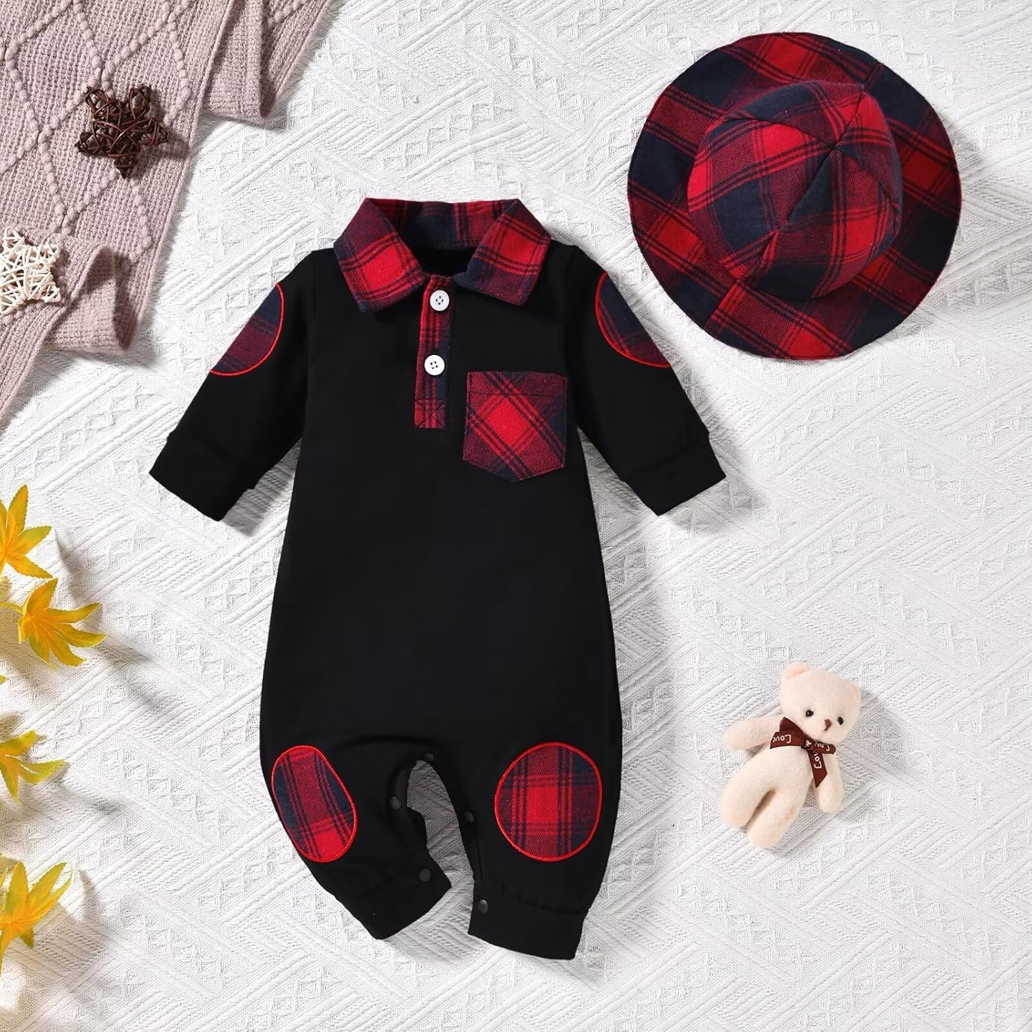 2PCS Stylish Plaid Print Long Sleeve Baby Jumpsuit