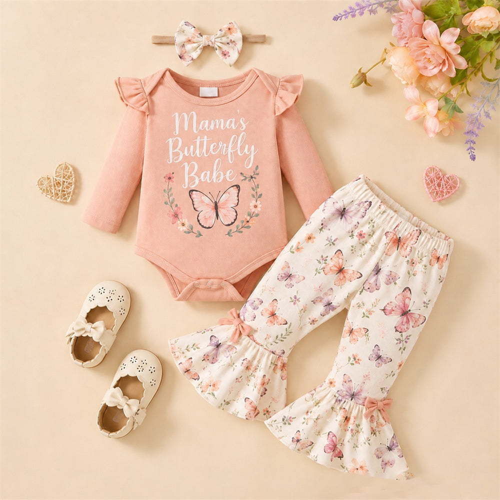 3PCS Mama's Butterfly Babe Letter Floral Printed Baby Girl Set