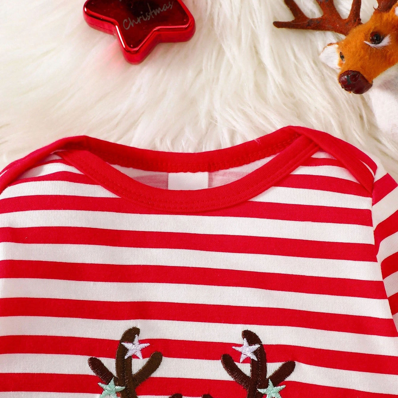 Christmas Deer Embroidery Stripe Printed Baby Jumpsuit
