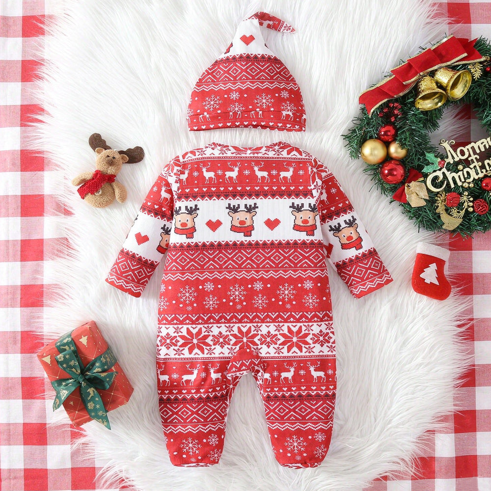 2PCS Cute Reindeer Snowflake Print Long Sleeve Baby Jumpsuit