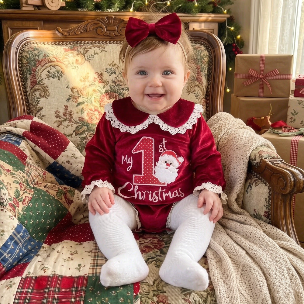 2PCS My 1st Christmas Letter Santa Embroidered Baby Girl Velvet Romper