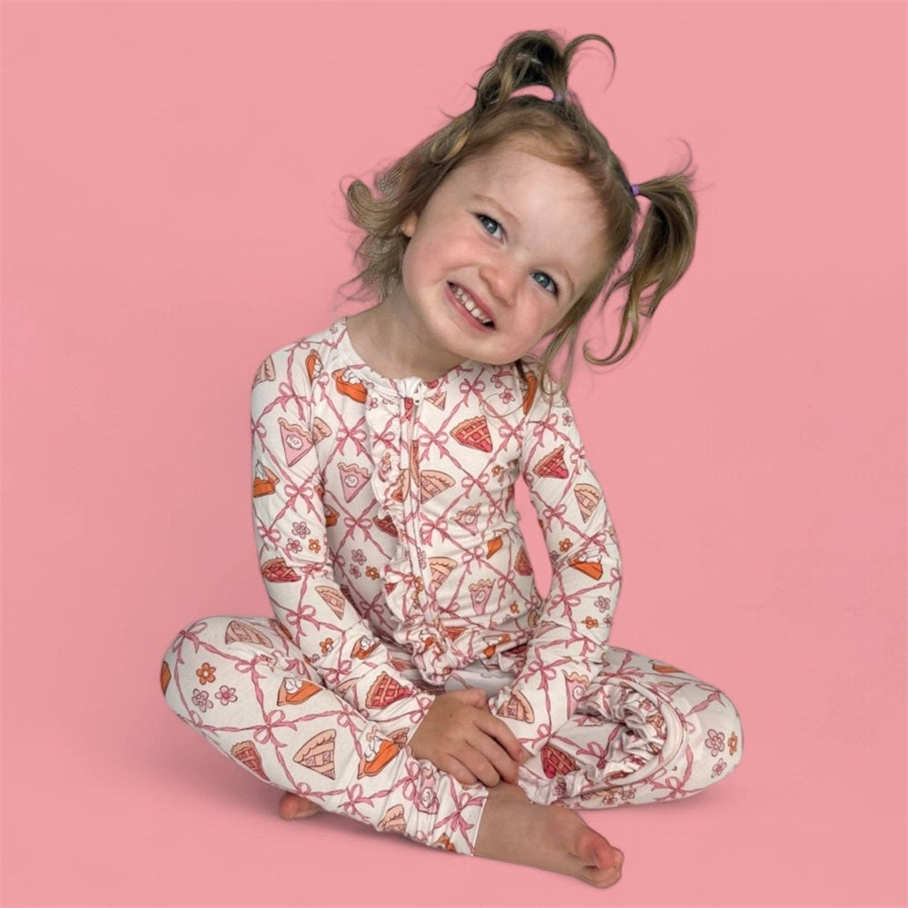 2PCS Cute Pie Slices Bow Print Long Sleeve Baby Jumpsuit