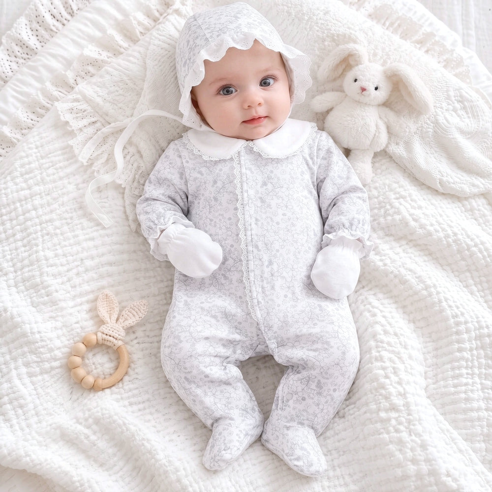 2PCS Charming Baby Girl Floral Print Lace Trim Long Sleeve Jumpsuit