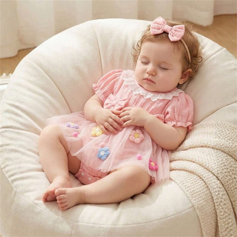 2PCS Sweet Floral Embroidery Short Sleeve Tulle Baby Romper