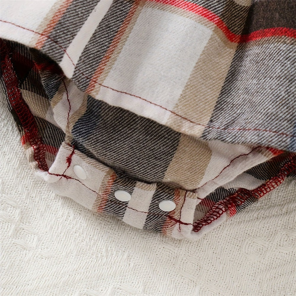 2PCS Casual Plaid Print Bow Decoration Long Sleeve Baby Romper