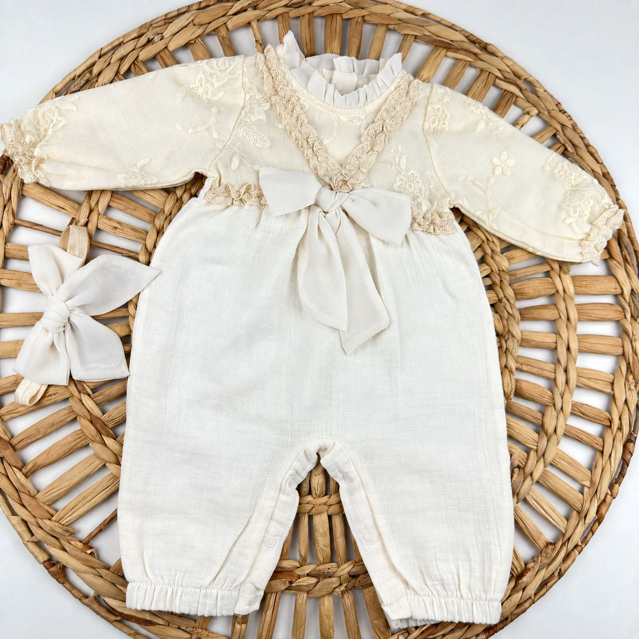 2PCS Delicate Lace Crochet Trim Long Sleeve Baby Girl Jumpsuit