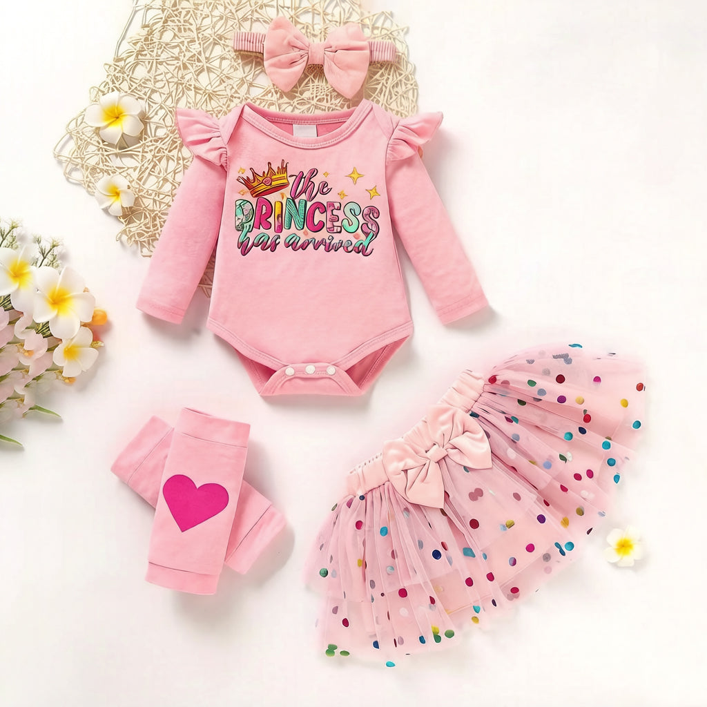 4PCS The Princess Has Arrived Letter Polka Dots Print Baby Set