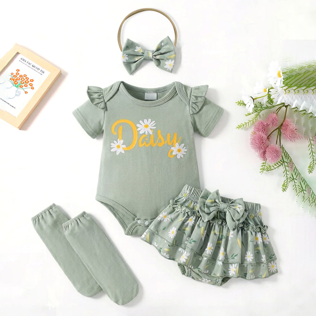 4PCS Mint “Daisy” Letter Floral Print Short Sleeve Baby Girl Set