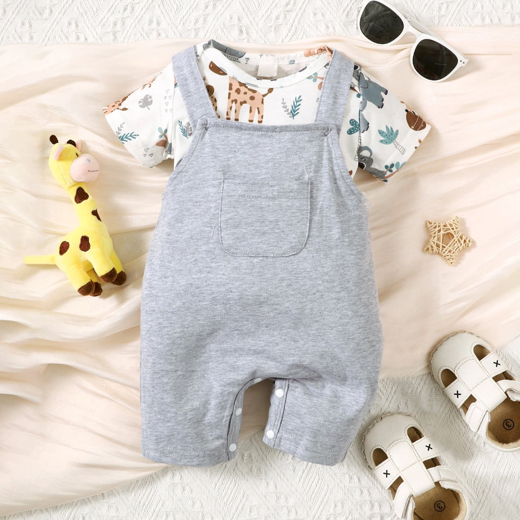 2PCS Cute Animal Printed Baby Overalls Set