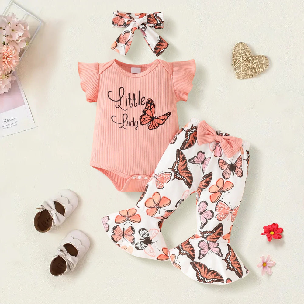 3PCS Little Lady Letter Butterfly Printed Fly Sleeve Baby Set