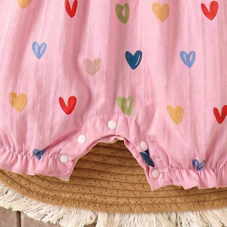 2PCS Classic Heart Print Flutter Sleeve Baby Jumpsuit
