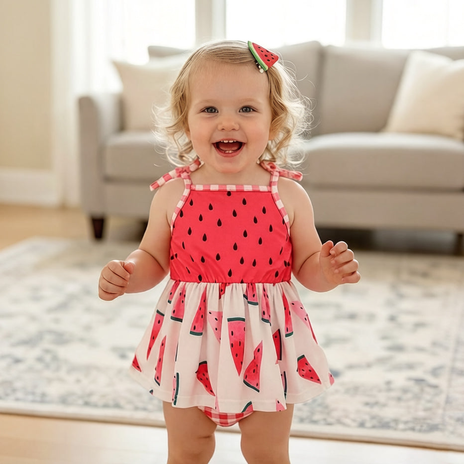 Lovely Plaid Watermelon Print Sleeveless Baby Romper