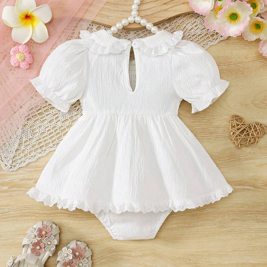 Sweet Solid Color Fabric Rosette Eyelet Lace Short Sleeve Baby Romper
