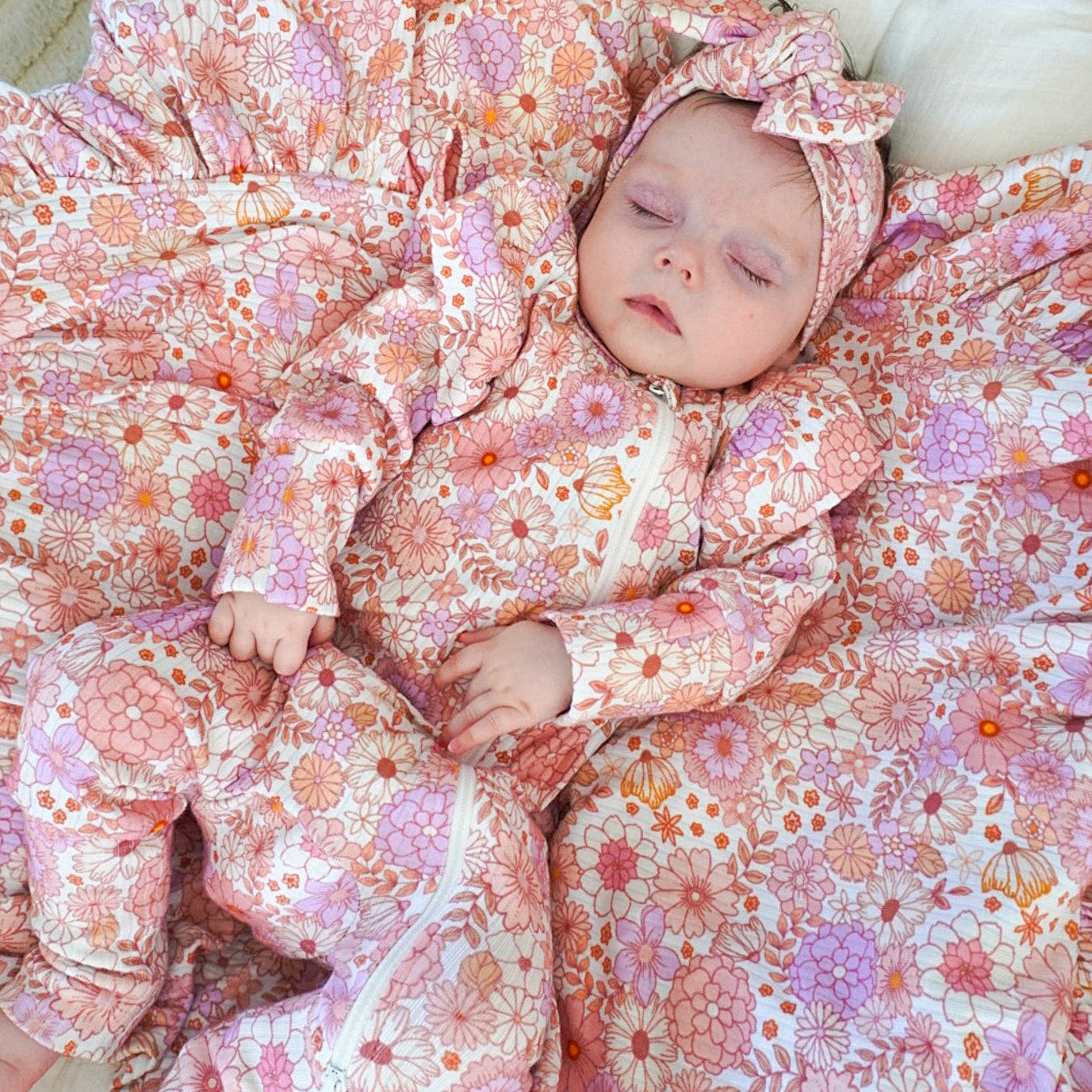 2PCS Charming Floral Print Ruffle Zipper Baby Jumpsuit