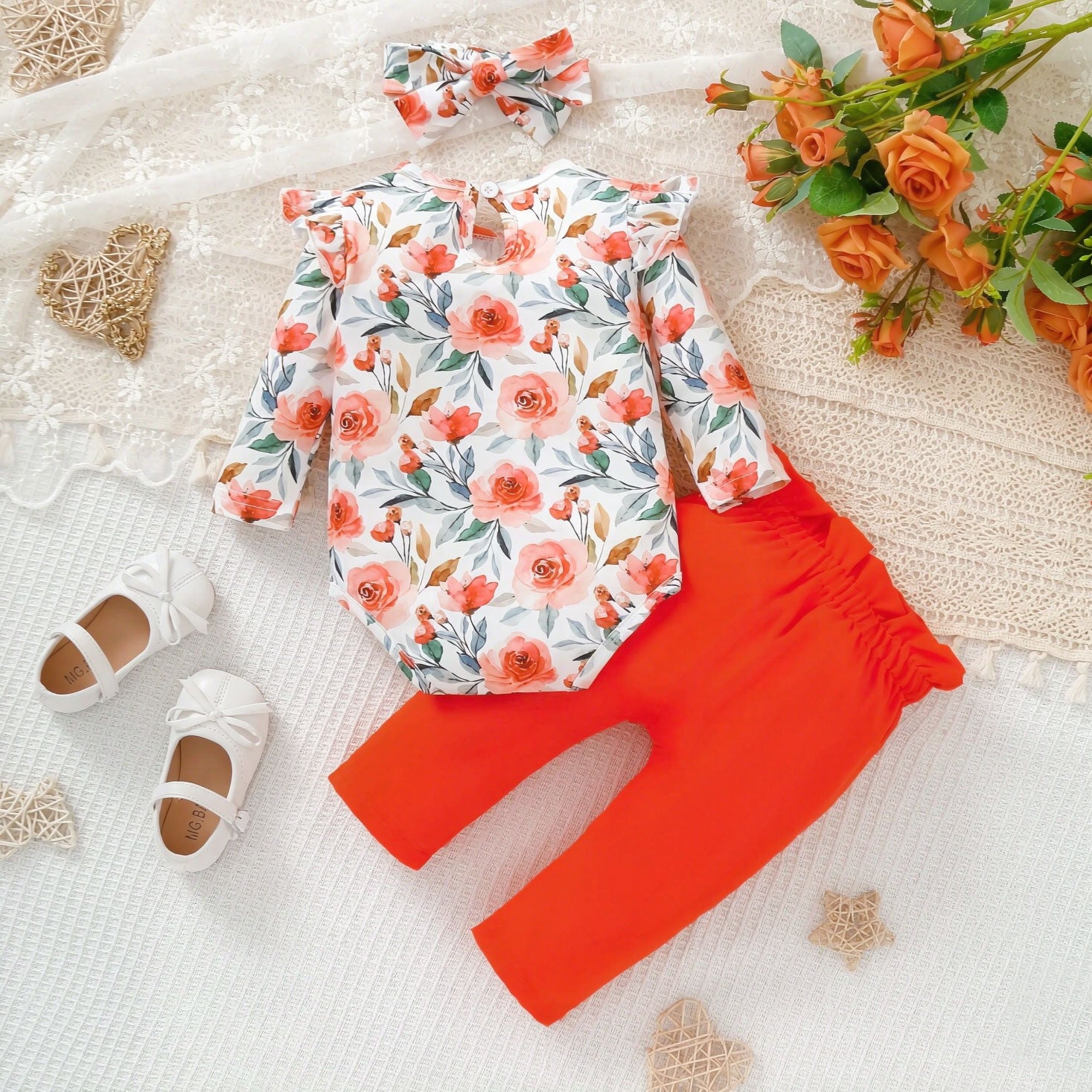 3PCS Vibrant Floral Printed Bowknot Decor Long Sleeve Baby Set