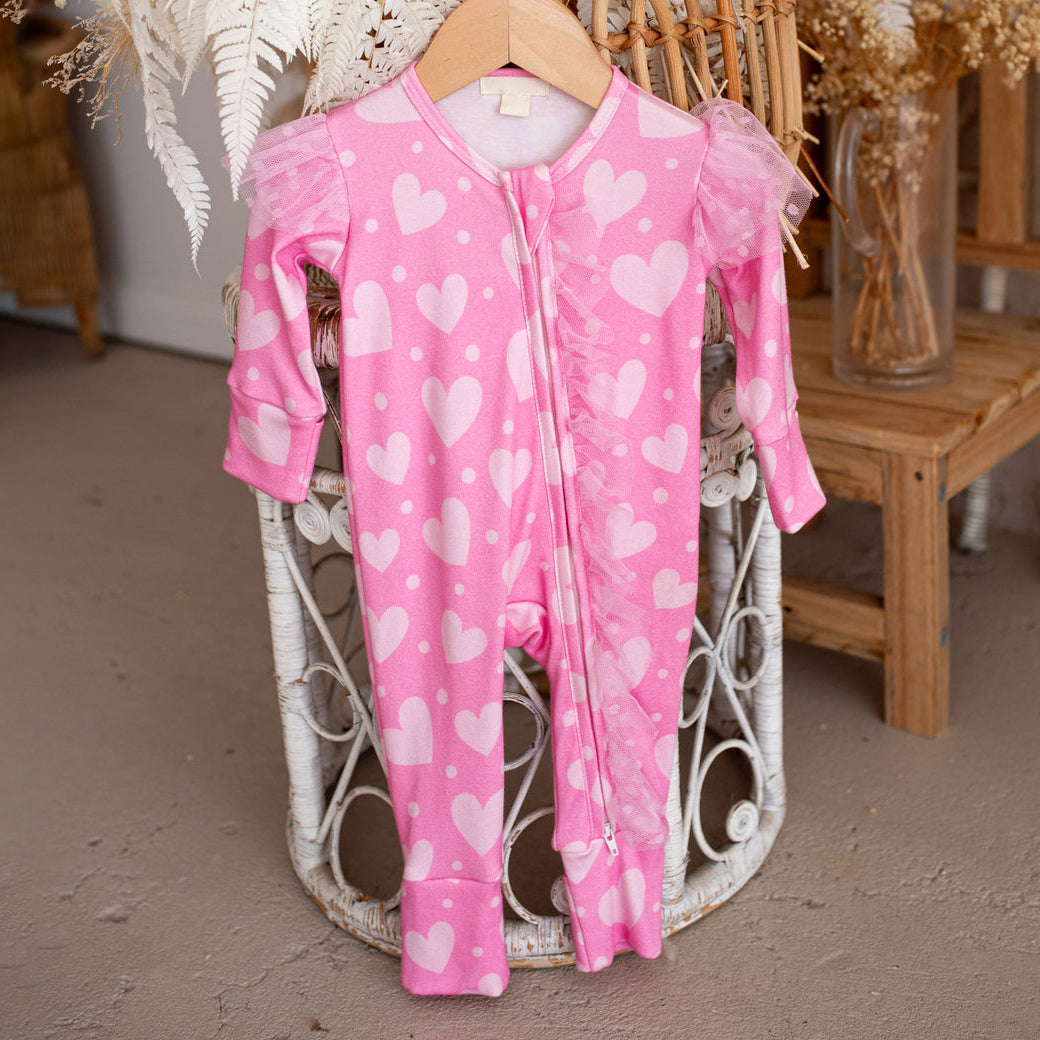 2PCS Gorgeous Heart Print Ruffle Zipper Baby Jumpsuit