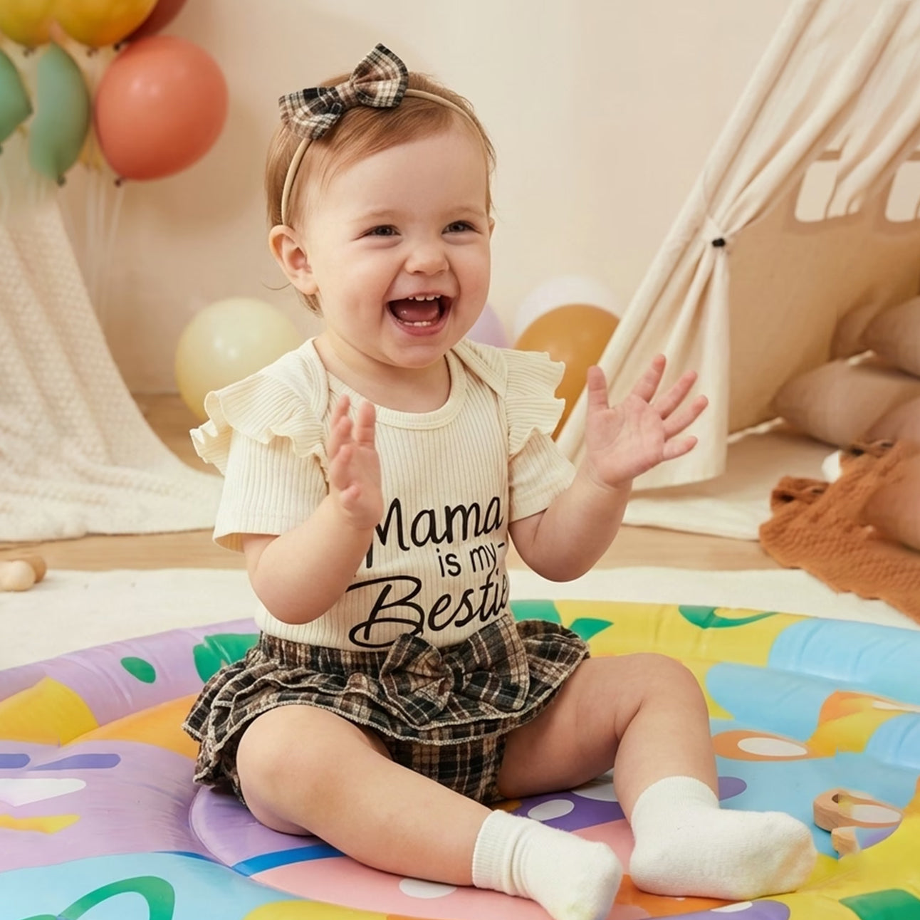 3PCS Mama Is My Bestie Letter Plaid Print Short Sleeve Baby Set