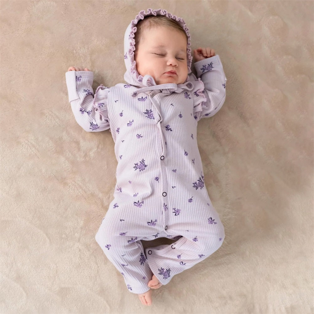 Floral Bundle Print Rib Long Sleeve Baby Jumpsuit