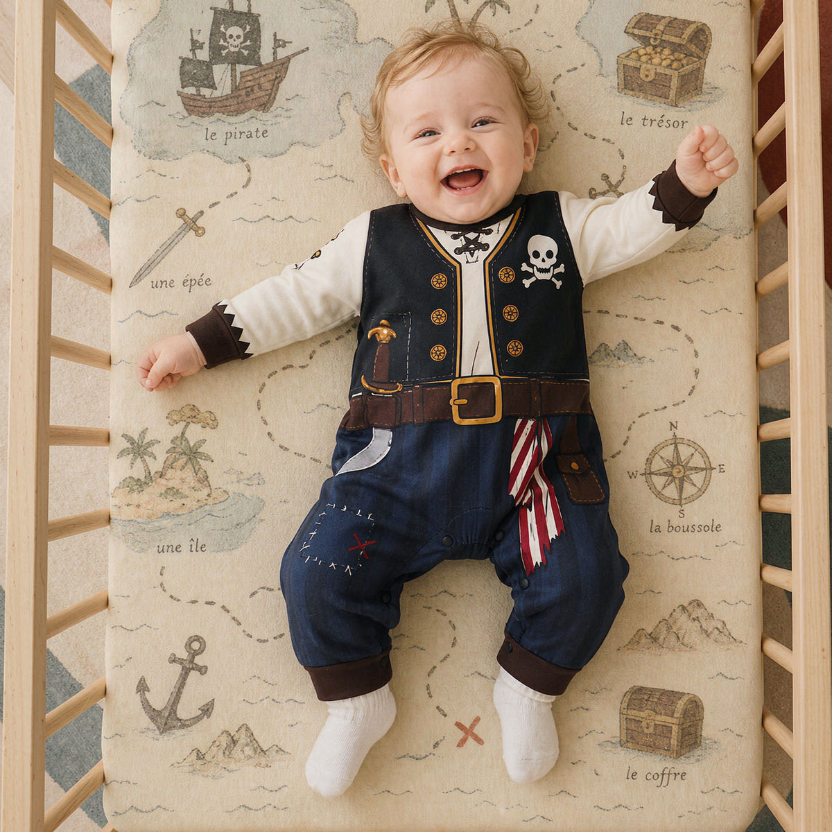 Stylish Halloween Pirate Theme Printed Long Sleeve Baby Jumpsuit