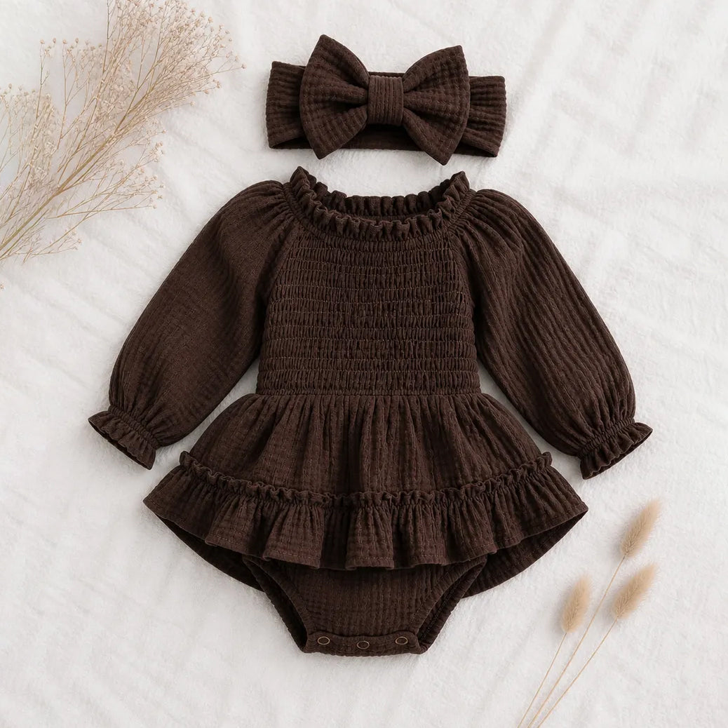 2PCS Casual Baby Girl Solid Color Ruffle Long Sleeve Romper
