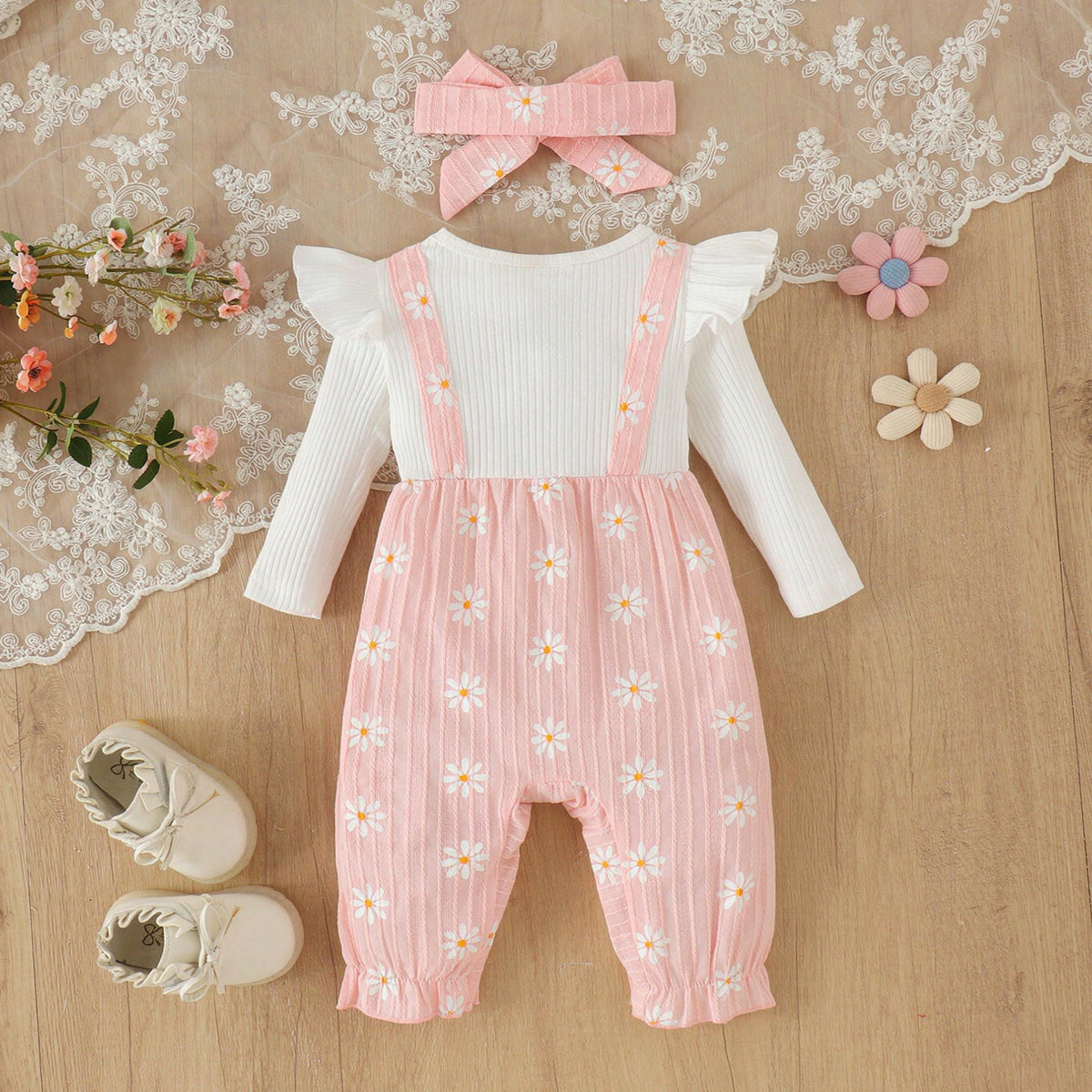 2PCS Daisy Print Faux Two-Piece Long Sleeve Baby Girl Jumpsuit