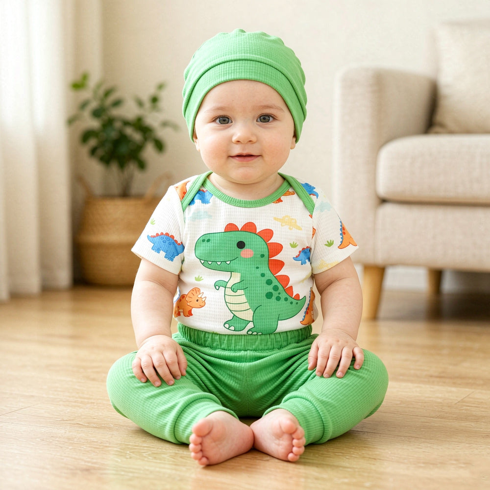 3PCS Cute Cartoon Dinosaur Print Short Sleeve Baby Boy Set