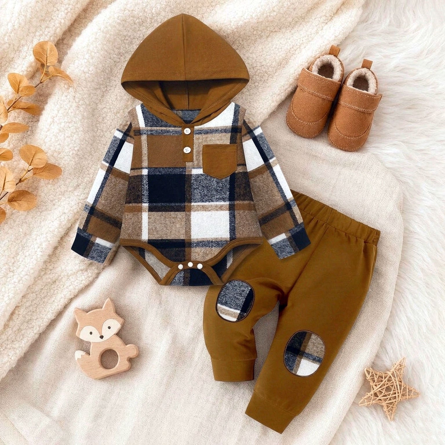 2PCS Stylish Plaid Print Long Sleeve Hoodie Baby Boy Set