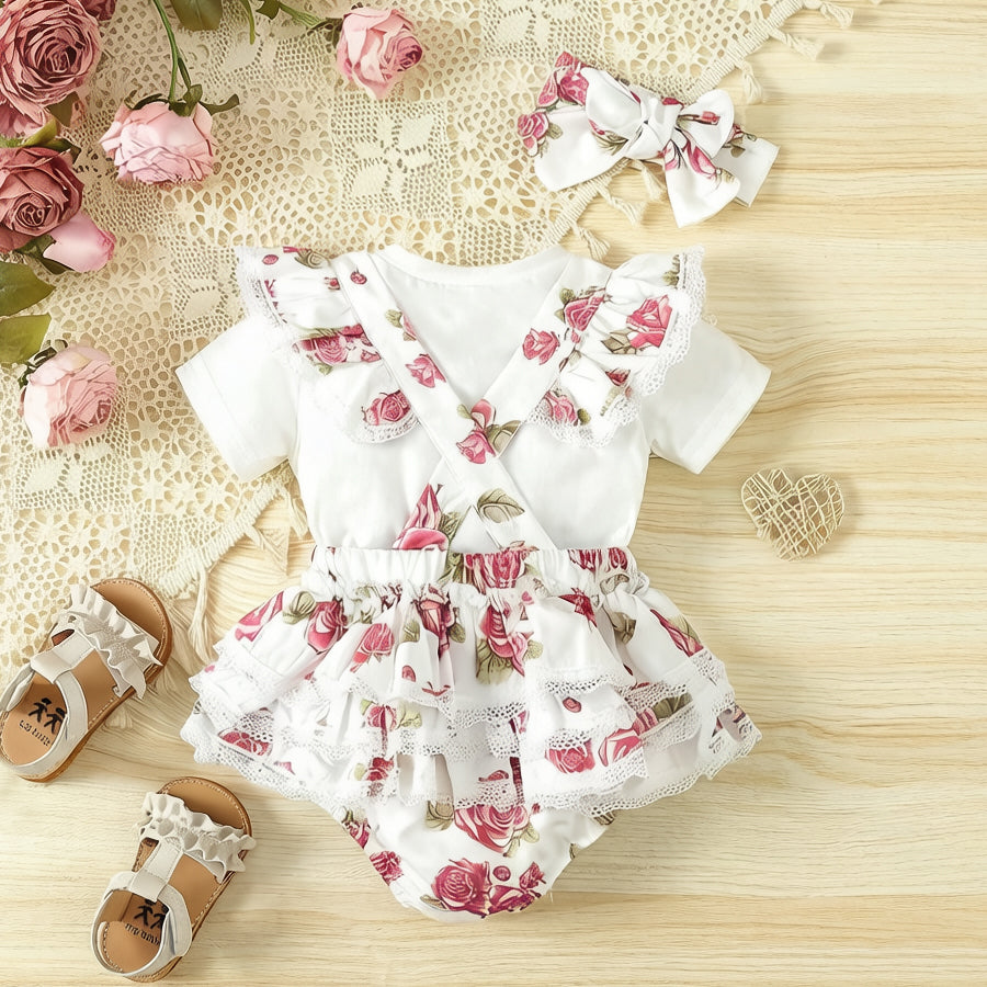 3PCS Gorgeous Floral Printed Short Sleeve Baby Set